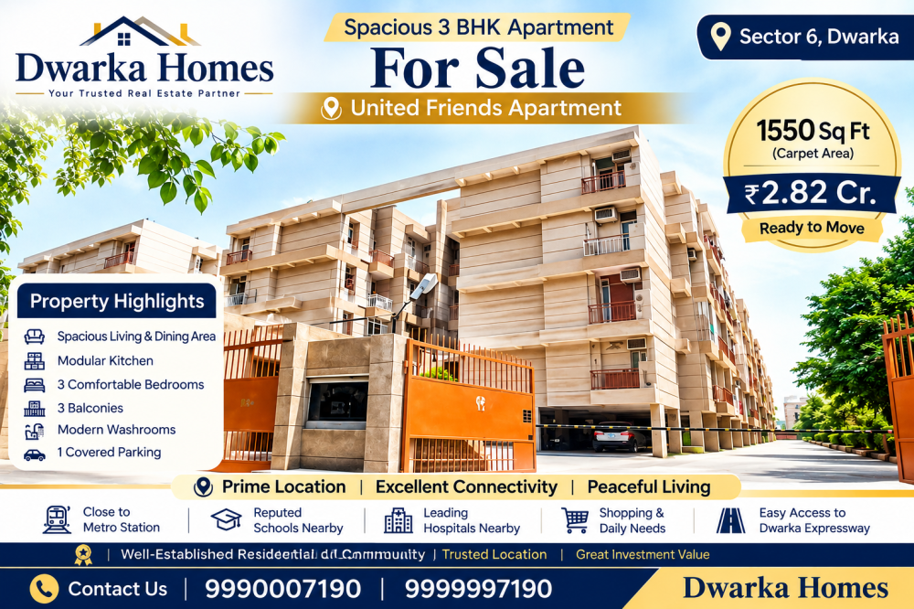 3 BHK flat for sale in United Friends Apartment sector 6 Dwarka 